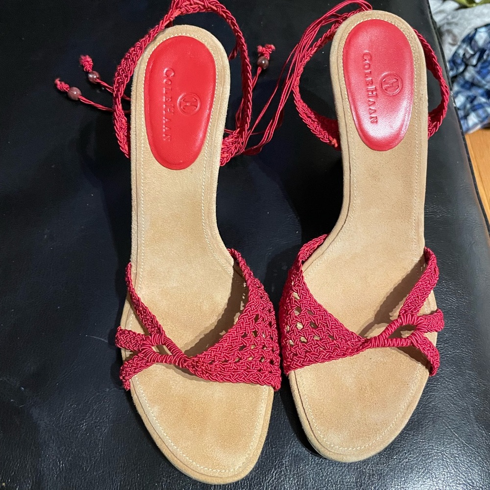 Vintage y2k Knit Crochet lace Slingback ankle strap cone platform retro sandals - Picture 4 of 12
